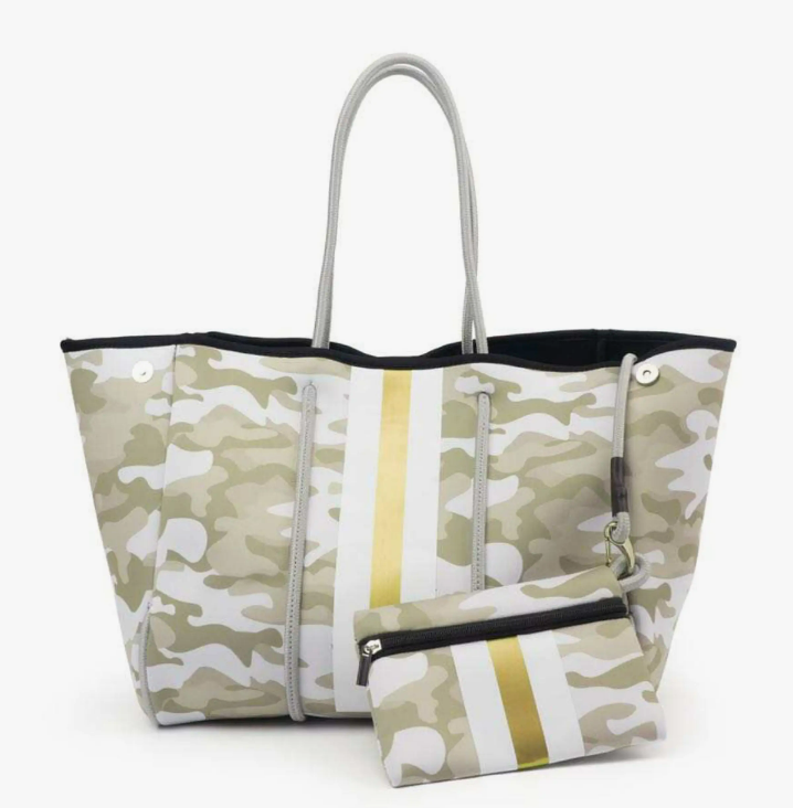 The Aniella Neoprene Tote - Camo with Gold Stripe